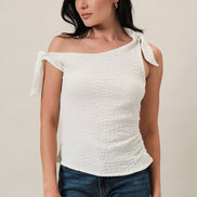 Ivory One Shoulder Off Tie Shoulder Side Ruched Textured Knit Top