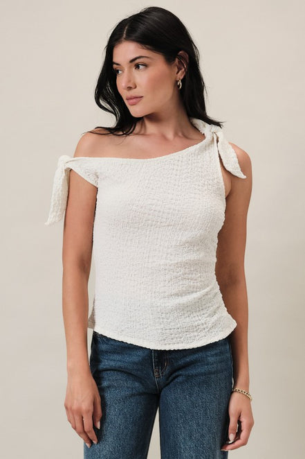 Ivory One Shoulder Off Tie Shoulder Side Ruched Textured Knit Top