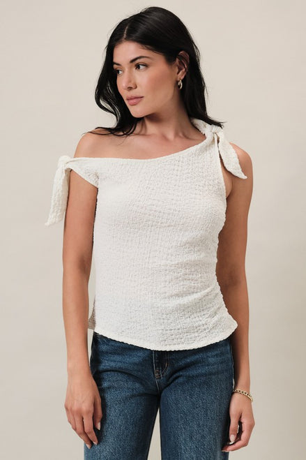 Ivory One Shoulder Off Tie Shoulder Side Ruched Textured Knit Top