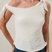 Ivory One Shoulder Off Tie Shoulder Side Ruched Textured Knit Top