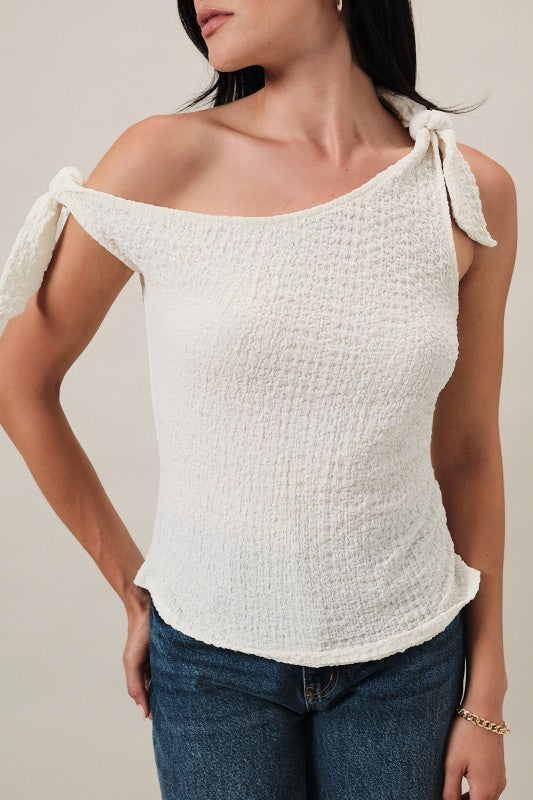 Ivory One Shoulder Off Tie Shoulder Side Ruched Textured Knit Top
