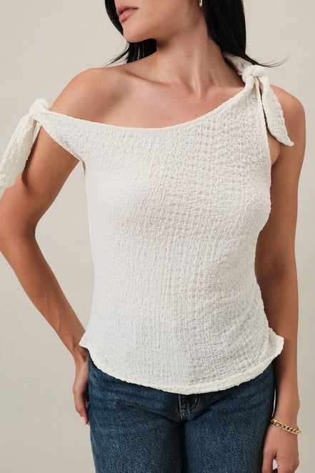 Ivory One Shoulder Off Tie Shoulder Side Ruched Textured Knit Top