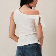 Ivory One Shoulder Off Tie Shoulder Side Ruched Textured Knit Top