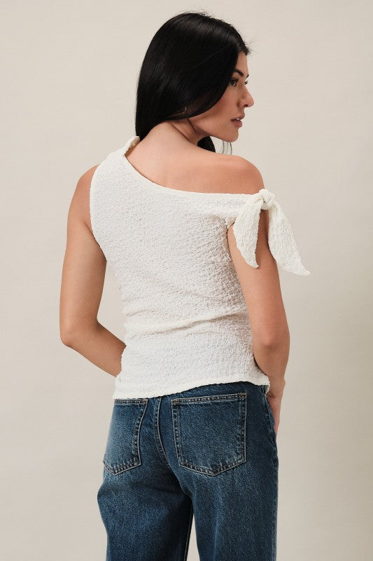Ivory One Shoulder Off Tie Shoulder Side Ruched Textured Knit Top