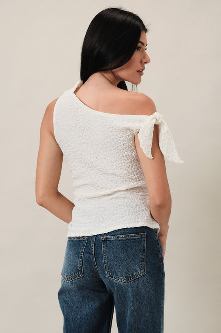 Ivory One Shoulder Off Tie Shoulder Side Ruched Textured Knit Top