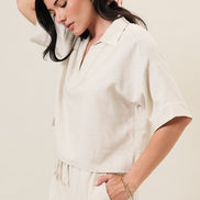 Natural Collared Split Neck Elbow Sleeve Linen Blend Top