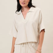 Natural Collared Split Neck Elbow Sleeve Linen Blend Top