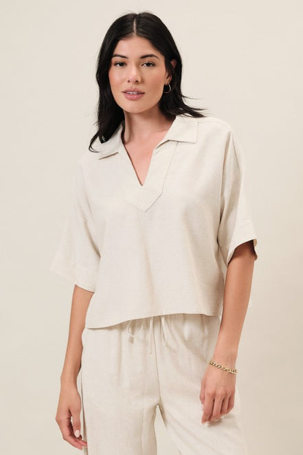 Natural Collared Split Neck Elbow Sleeve Linen Blend Top