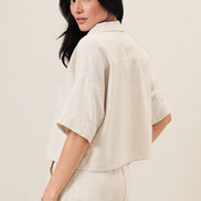 Natural Collared Split Neck Elbow Sleeve Linen Blend Top