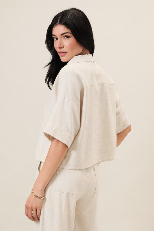 Natural Collared Split Neck Elbow Sleeve Linen Blend Top