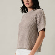 Oatmeal Crew Neck Drop Shoulder Short Sleeve Boucle Top