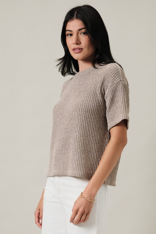 Oatmeal Crew Neck Drop Shoulder Short Sleeve Boucle Top