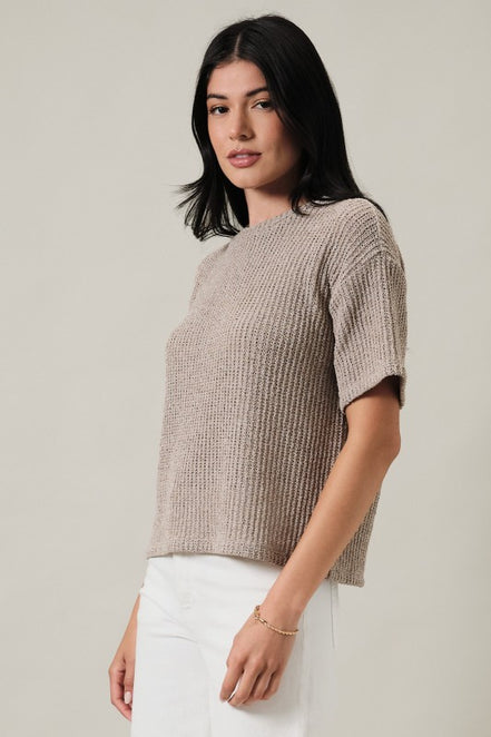 Oatmeal Crew Neck Drop Shoulder Short Sleeve Boucle Top