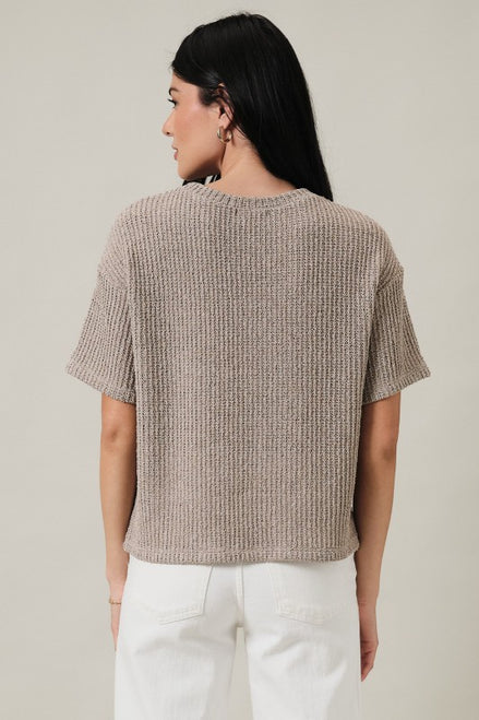 Oatmeal Crew Neck Drop Shoulder Short Sleeve Boucle Top