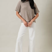 Oatmeal Crew Neck Drop Shoulder Short Sleeve Boucle Top