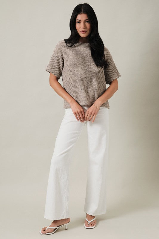 Oatmeal Crew Neck Drop Shoulder Short Sleeve Boucle Top