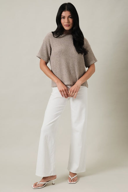 Oatmeal Crew Neck Drop Shoulder Short Sleeve Boucle Top