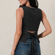 Black/Ivory Stripe Boat Neck Front Side Ruching Back Ribbon Tie Detail Top