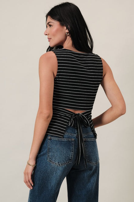 Black/Ivory Stripe Boat Neck Front Side Ruching Back Ribbon Tie Detail Top