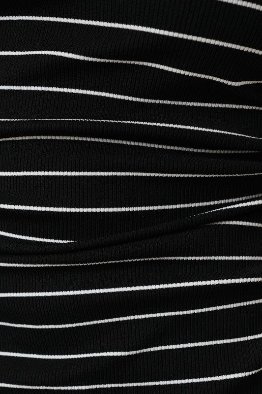 Black/Ivory Stripe Boat Neck Front Side Ruching Back Ribbon Tie Detail Top