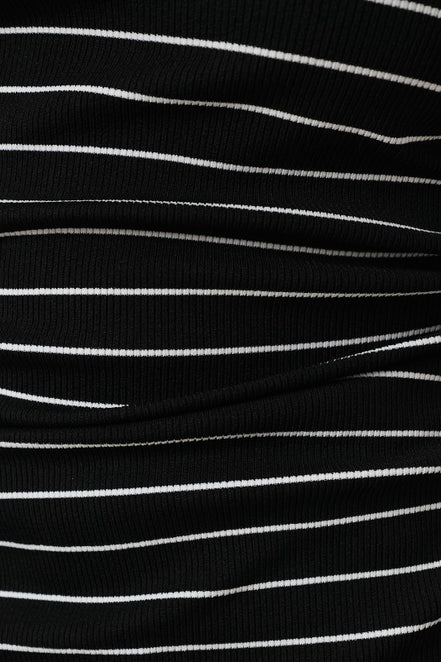 Black/Ivory Stripe Boat Neck Front Side Ruching Back Ribbon Tie Detail Top