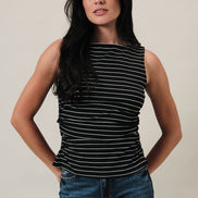 Black/Ivory Stripe Boat Neck Front Side Ruching Back Ribbon Tie Detail Top