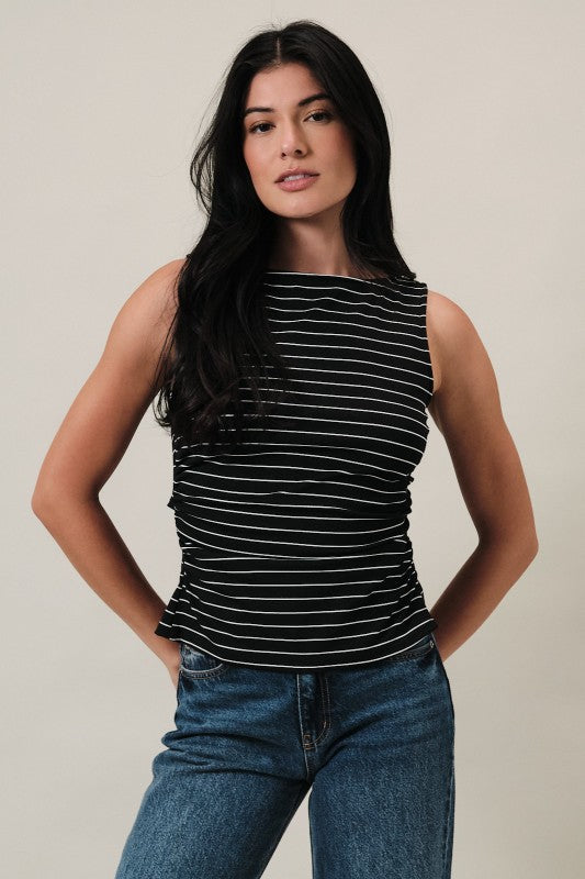 Black/Ivory Stripe Boat Neck Front Side Ruching Back Ribbon Tie Detail Top