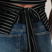 Black/Ivory Stripe Boat Neck Front Side Ruching Back Ribbon Tie Detail Top