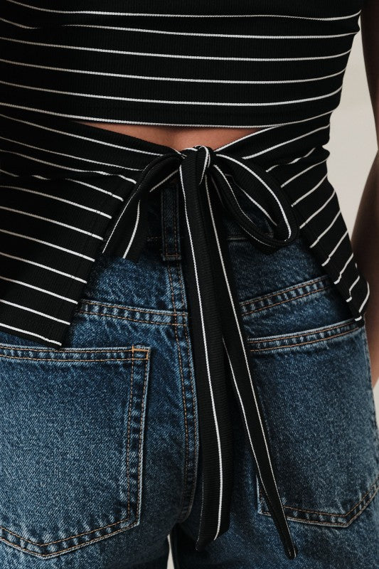 Black/Ivory Stripe Boat Neck Front Side Ruching Back Ribbon Tie Detail Top