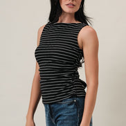Black/Ivory Stripe Boat Neck Front Side Ruching Back Ribbon Tie Detail Top