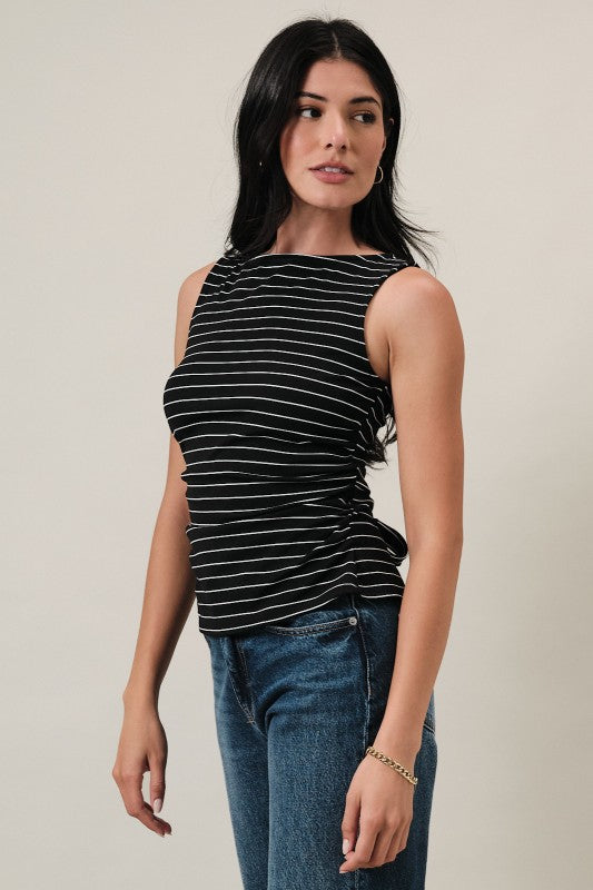 Black/Ivory Stripe Boat Neck Front Side Ruching Back Ribbon Tie Detail Top