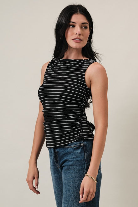 Black/Ivory Stripe Boat Neck Front Side Ruching Back Ribbon Tie Detail Top