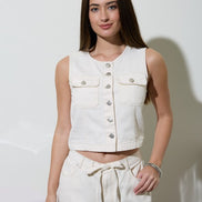 Ivory Round Neck Button Down Pocket Detail Denim Vest and Pant Set