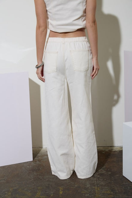 Ivory Round Neck Button Down Pocket Detail Denim Vest and Pant Set