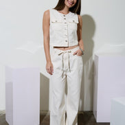 Ivory Round Neck Button Down Pocket Detail Denim Vest and Pant Set