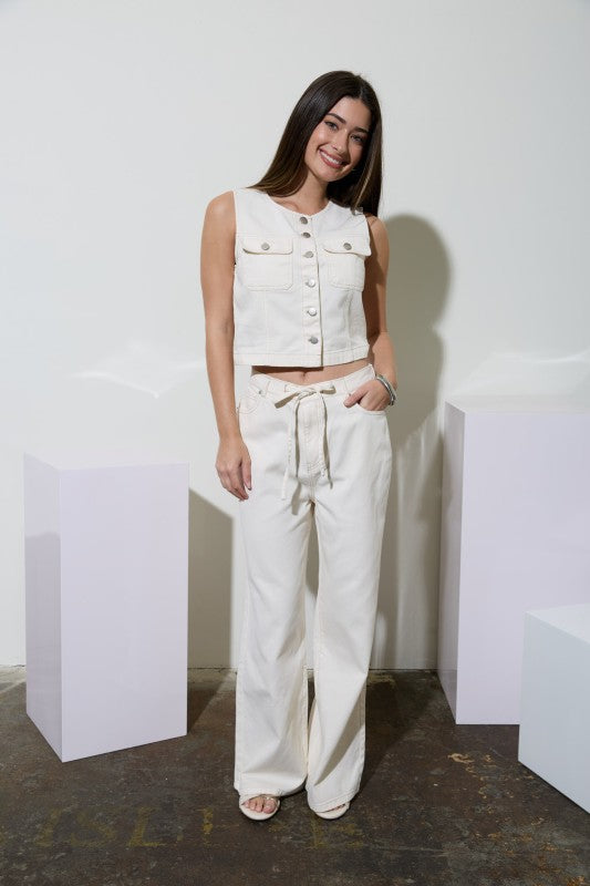 Ivory Round Neck Button Down Pocket Detail Denim Vest and Pant Set