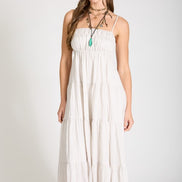 Stripe Shirred Empire Waist Tiered Midi Dress