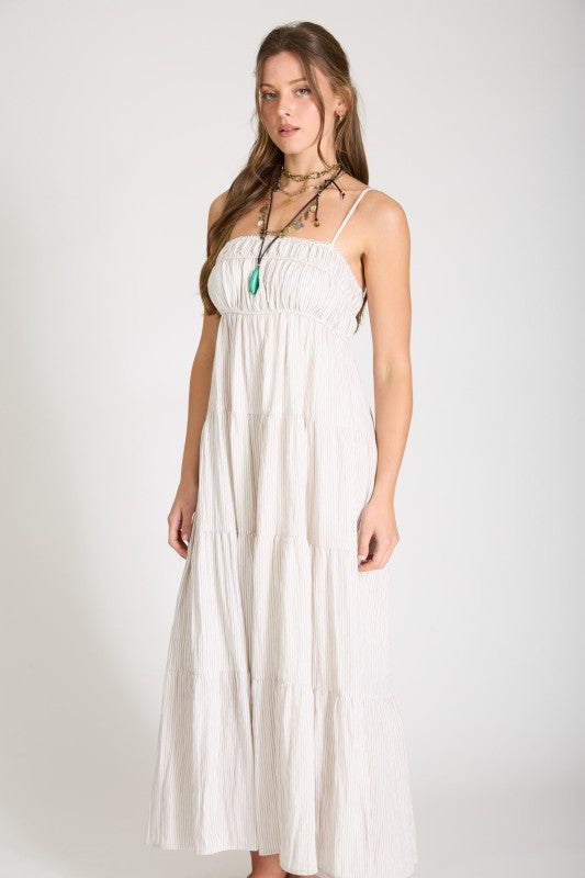 Stripe Shirred Empire Waist Tiered Midi Dress
