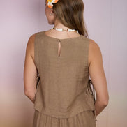 Mocha Textured Side Tie Sleeveless Crop Top and Pant Set
