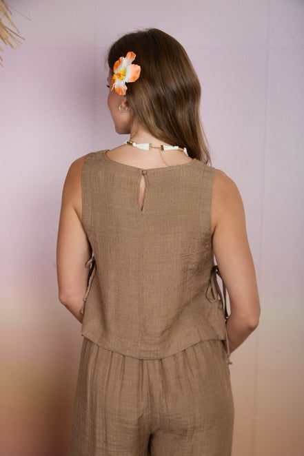 Mocha Textured Side Tie Sleeveless Crop Top and Pant Set
