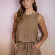 Mocha Textured Side Tie Sleeveless Crop Top and Pant Set