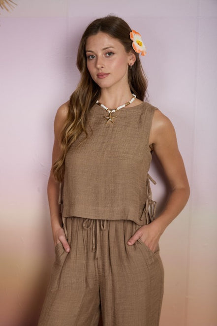 Mocha Textured Side Tie Sleeveless Crop Top and Pant Set