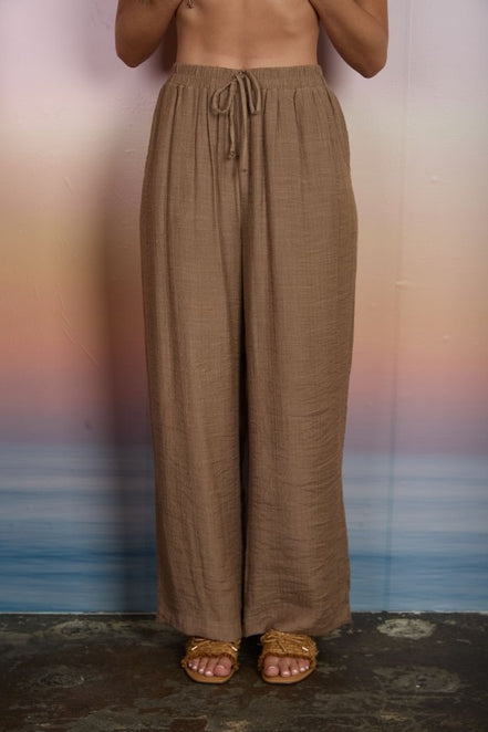 Mocha Textured Side Tie Sleeveless Crop Top and Pant Set