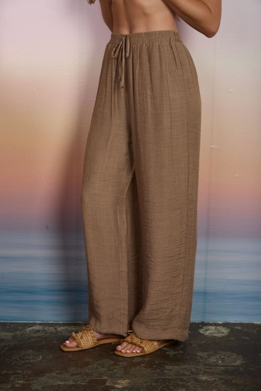 Mocha Textured Side Tie Sleeveless Crop Top and Pant Set