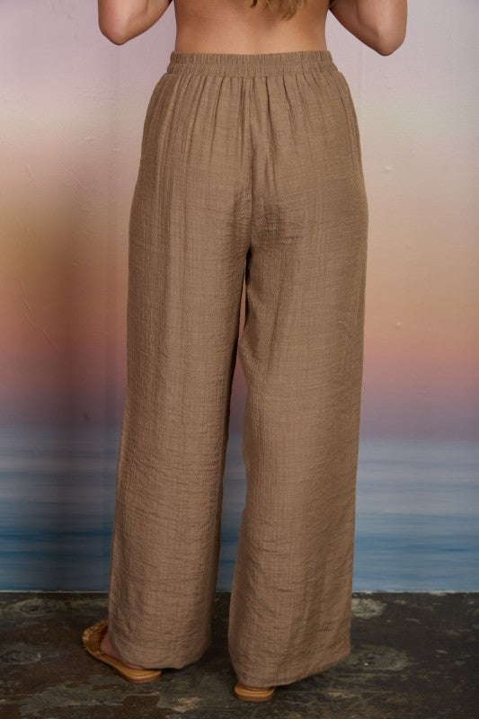 Mocha Textured Side Tie Sleeveless Crop Top and Pant Set