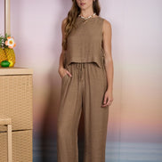 Mocha Textured Side Tie Sleeveless Crop Top and Pant Set