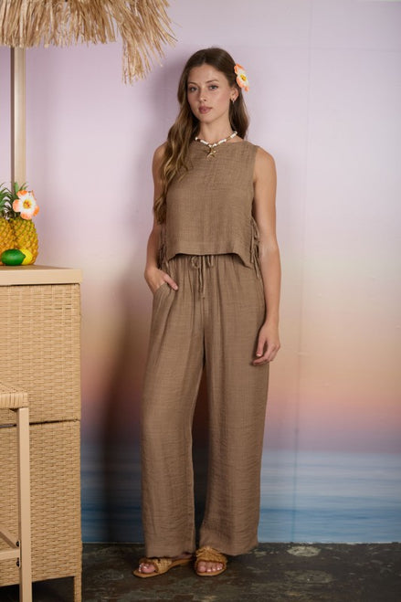 Mocha Textured Side Tie Sleeveless Crop Top and Pant Set