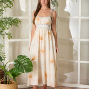 Watercolor Floral Spaghetti Tie Strap Midi Dress