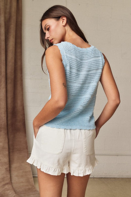 Crochet Knit Scoop Neck Button Down Top