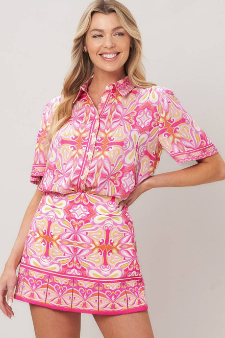 Pink Abstract Print Woven Skort